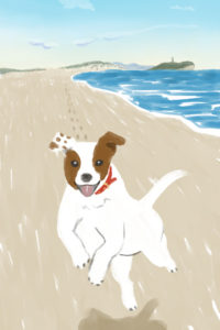 湘南の浜辺を走る犬のイラスト