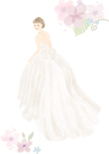 ロングトレーンのドレスを着た花嫁のイラスト