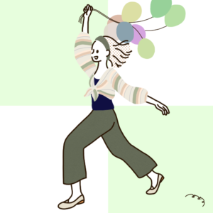 風船を手に歩く女性のおしゃれなイラスト