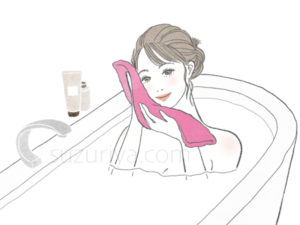お風呂で蒸しタオルをあてる女性のイラスト