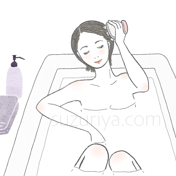 お風呂でヘッドスパの美容家電を使う女性のイラスト