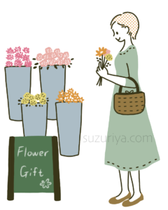 花屋でお花を選ぶ女性のおしゃれなイラスト