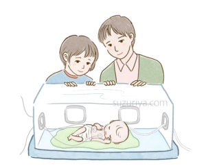 保育器の赤ちゃんを見ているパパとママのイラスト