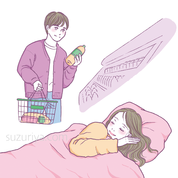 買い物をする男性と眠る女性のイラスト