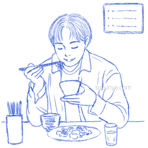 食事中の若い男性のラフ画